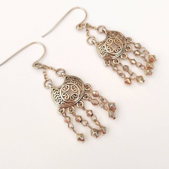 Gold scroll earrings with dangles - Picture 7 of 9